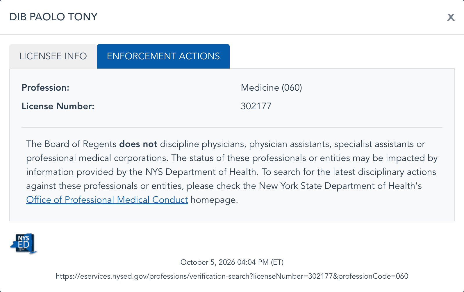 The same record's Enforcement Actions tab, which states that the Board of Regents does not discipline physicians and points to the New York State Department of Health's Office of Professional Medical Conduct for disciplinary history.