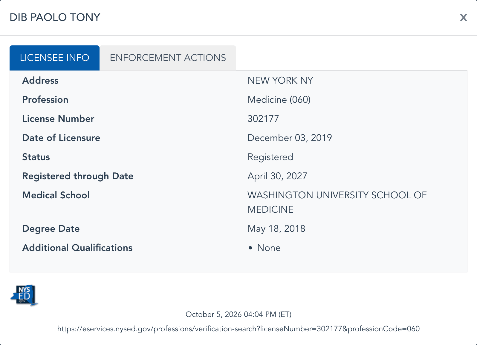 The NYSED licence record for Affirmed's medical director, on the Licensee Info tab: profession Medicine, licence number 302177, status Registered, registered through April 2027, and the medical school and degree date.